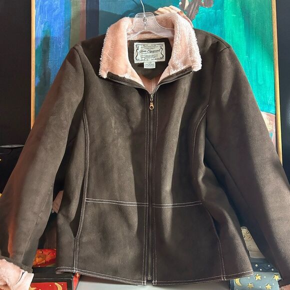 Vintage Bum Equipment Faux Suede Brown Jacket with Pink Faux Fur Accents Large - Picture 12 of 15